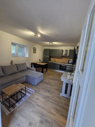 a living room with a couch and a kitchen at AGRO house LIKA in Gospić