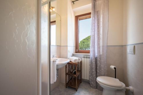 un bagno con lavandino, water e finestra di Agriturismo Baia degli Ulivi a Massa Marittima