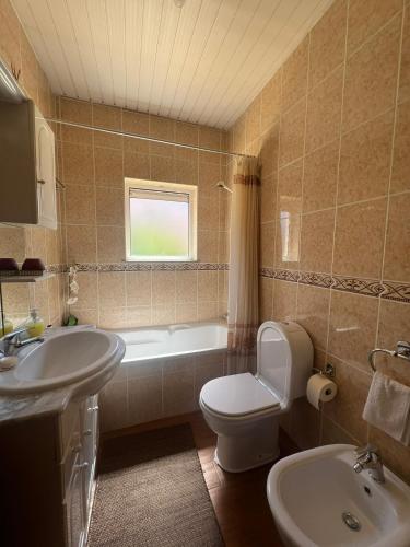 a bathroom with a toilet and a sink and a tub at Quarto Familiar do Januário in Bilhó