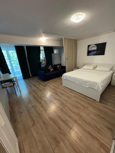 Un dormitorio con una cama y una sala de estar. en Beside Airport New, en Otopeni