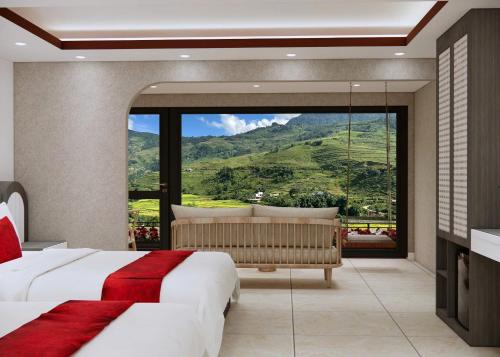 a bedroom with two beds and a large window at En Hotel Sapa in Sa Pa