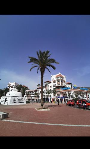 a palm tree in a parking lot in front of buildings at Élégant Appartement de Standing à la Marina in Agadir