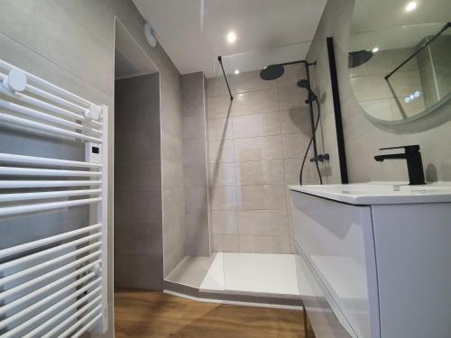 a white bathroom with a shower and a sink at 2 Chambres - 4 Couchages - Proche campus in Saint-Martin-dʼHères