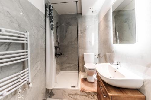 a bathroom with a toilet and a sink and a shower at Wohnung am Pferdehof in Pressbaum