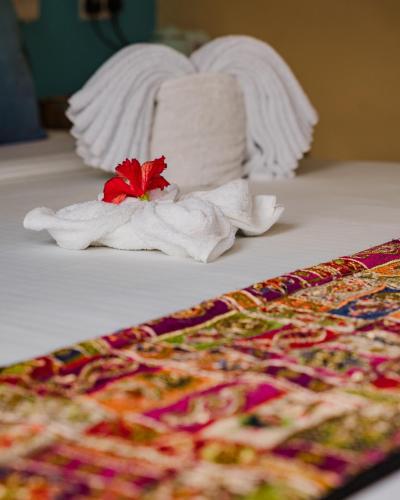 a red flower sitting on a bed with a towel at Emerald Palm Boutique Hotel in Zanzibar City