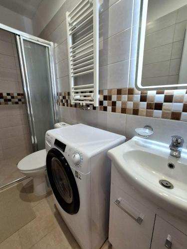 a bathroom with a washing machine and a sink at Apartmány v srdci Ružinova in Trnávka