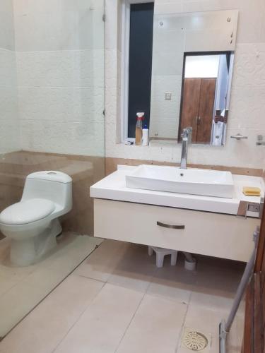 a bathroom with a toilet and a sink and a mirror at Cottage in Changla Gali - Secluded, Cozy Stay in Chhāngla Gali