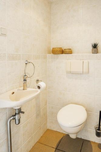 a bathroom with a toilet and a sink at Private Seaside Room High-speed Wi-fi in Zoutelande