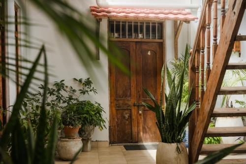 a wooden door in a room with potted plants at Emerald Palm Boutique Hotel in Zanzibar City