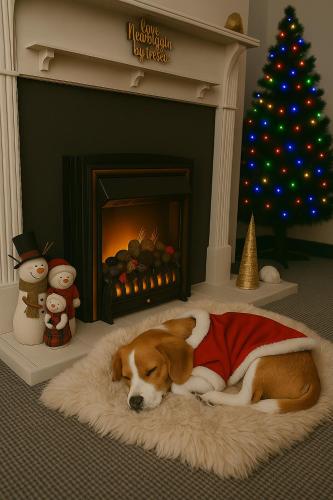 a dog sleeping on a rug in front of a christmas tree at Cosy Seaside Hideaway in Northumberland with 1 pet welcome from November to March in Newbiggin-by-the-Sea
