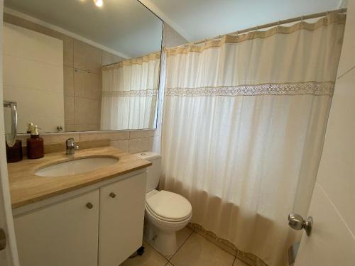 a bathroom with a toilet and a sink and a shower at Hermoso depto vista al mar frente a la Playa in Concón