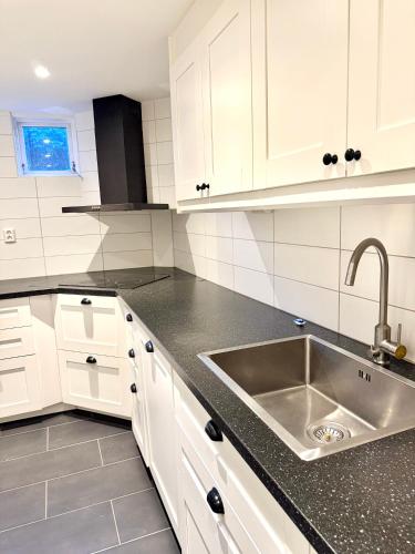 a kitchen with white cabinets and a stainless steel sink at Fredholmsvillan kärra in Gothenburg