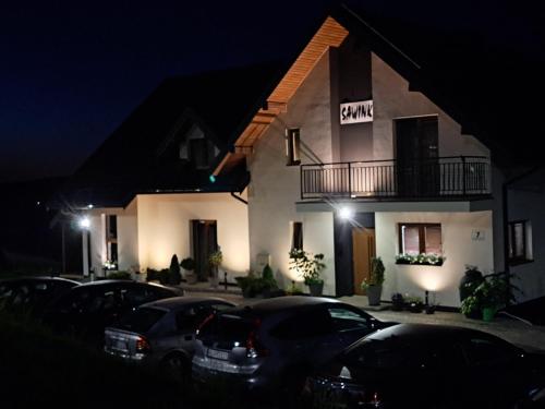 a building with cars parked in a parking lot at night at Dom Gościnny Sawinka in Polańczyk