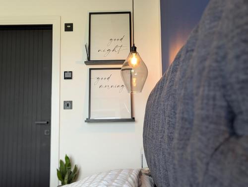 a bedroom with a bed and a lamp on a wall at Up Shed - Modern Countryside King-size Ensuite With Own Access in Bradworthy