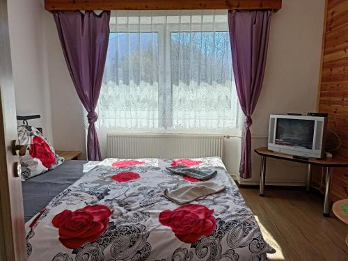 a bedroom with a bed with red roses on it at Penzion Babička, pokoj A in Trojanovice