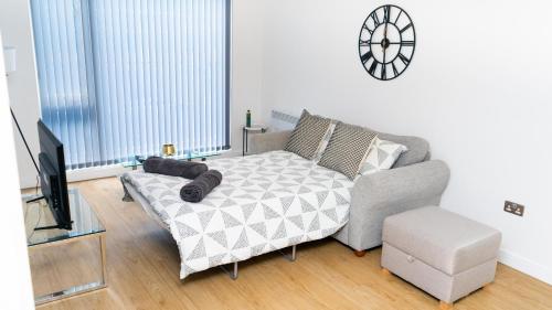 un salon avec un canapé et une télévision dans l'établissement Cozy Modern Apt MCR City Centre, à Manchester