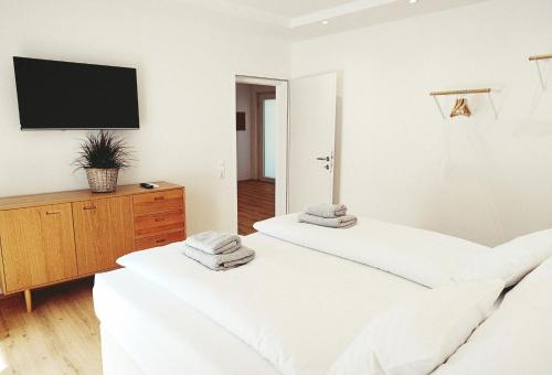 two beds in a room with a tv on the wall at Living OH43 in Illmitz
