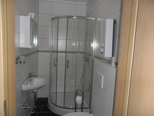 a bathroom with a shower and a toilet and a sink at Triebener-Hor in Quierschied