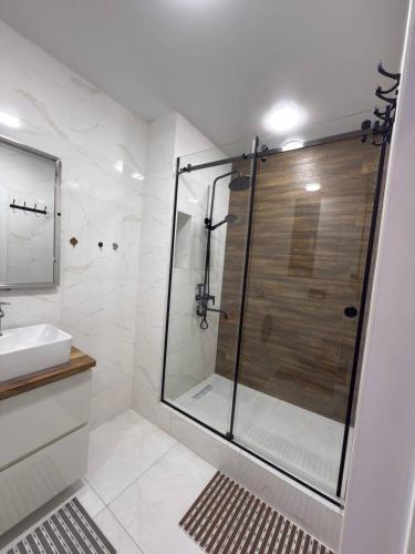 a bathroom with a shower and a sink at The Pearl in Dushanbe