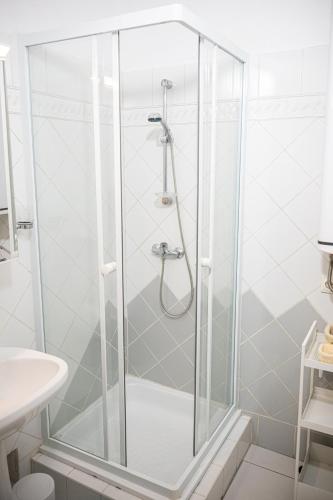 a shower with a glass door in a bathroom at Bluebird Stúdió Apartman in Sopron
