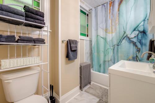 a bathroom with a toilet and a sink and a shower at 2-Acre Property Victorian Home in Brownville! in Brownville