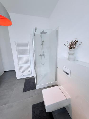 a white bathroom with a shower and a toilet at designAparts - II - by MorenoPisano in Bayreuth