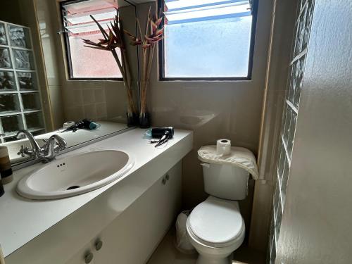 a bathroom with a toilet and a sink and a window at Casa playa moderna en las mejores playas de Chile in Bahia Inglesa