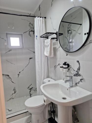 a bathroom with a sink and a toilet and a mirror at Vila Andora in Eforie Nord