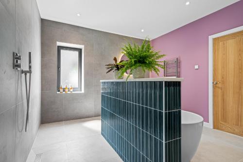 a bathroom with a blue and purple wall at The Wren - Luxury Retreat in Abergavenny