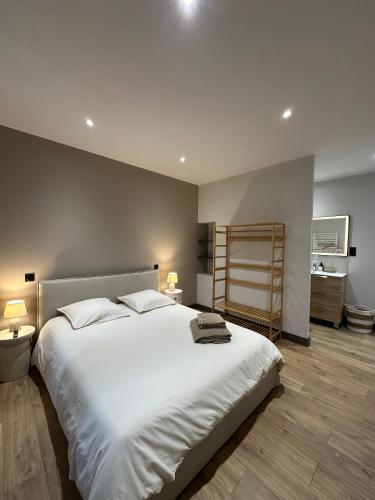 une chambre avec un grand lit blanc avec deux lampes dans l'établissement Ancien Pigeonnier Centre-Ville historique de Vesoul Bain nordique Terrasse Jardin Animaux bienvenus, à Vesoul