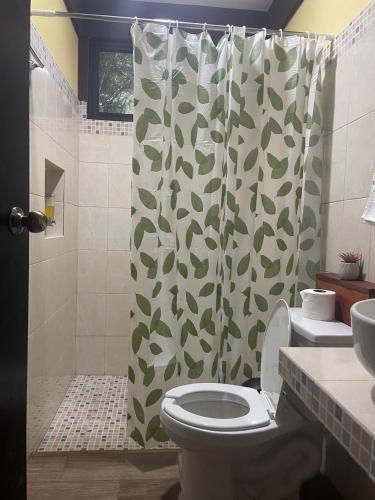 a bathroom with a toilet and a shower curtain at Cabañas Xpujil Calakmul Campeche con vista a la Selva in Xpujil