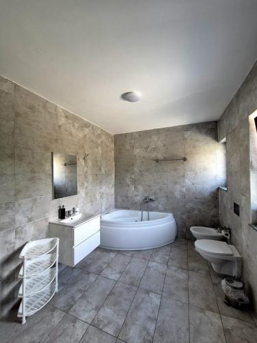 a bathroom with two sinks and a tub and two toilets at Casa de vacanta Larisa in Novaci-Străini