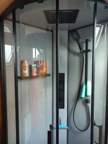 a glass shower stall with a blow dryer and a shower at Maison De Vacances in Dancourt
