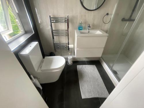 a small bathroom with a toilet and a sink at Stone Lodge 2 min Walk From Edgware Underground in Edgware