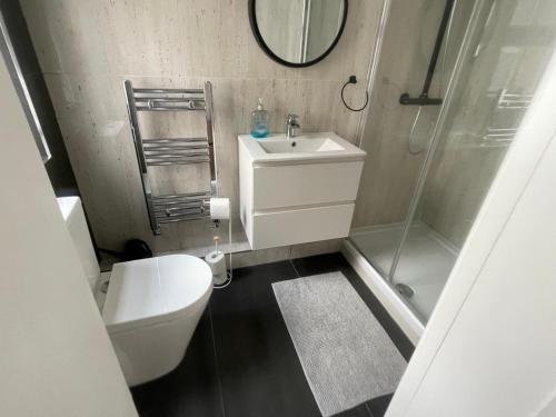 a bathroom with a toilet and a sink and a shower at Stone Lodge 2 min Walk From Edgware Underground in Edgware