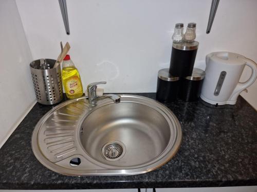 a stainless steel sink on a kitchen counter at Mile End Suites in London