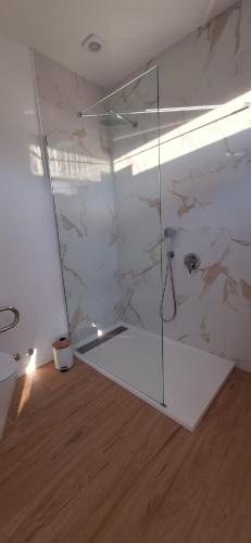a bathroom with a shower with a glass enclosure at Blue Shark Appartment in Horta
