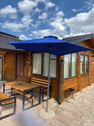 a blue umbrella on a picnic table in front of a building at Vikendice Moskva Uvac in Sjenica