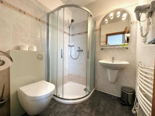 a bathroom with a shower and a toilet and a sink at Hotel Velká Klajdovka in Brno