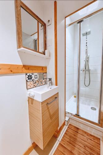 une salle de bain avec un lavabo et une douche dans l'établissement Paradis Côtier 6 couchages, à Antibes