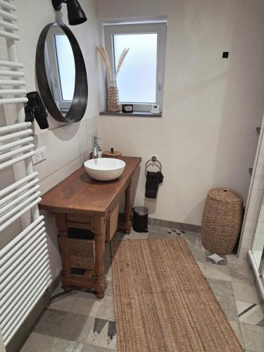 une salle de bain avec un lavabo et un miroir dans l'établissement Emile&Jeanne - Centre - 2 chambres - Wifi, Netflix, à Wissembourg