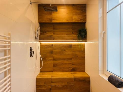 a shower in a bathroom with a wooden wall at Rezydencja pod Borową in Jedlina-Zdrój