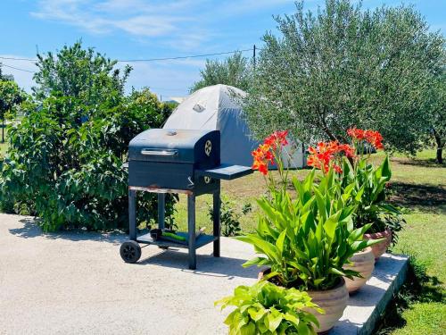 a blue grill with a tent in a garden at CAMPING LASTE in Smoković