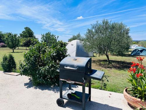 a grill sitting on a stand in a garden at CAMPING LASTE in Smoković