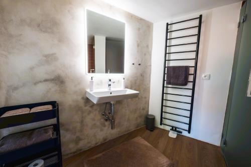 a bathroom with a sink and a mirror on the wall at Pension Merano in Jetřichovice