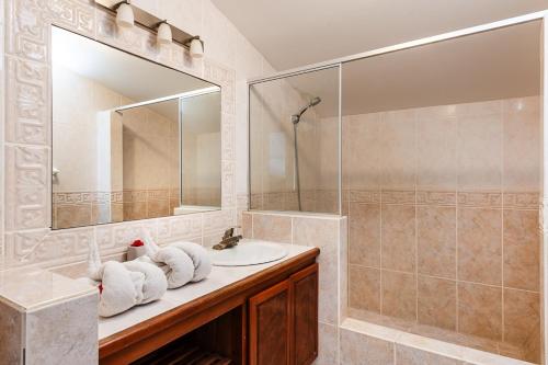 a bathroom with a sink and a shower and a mirror at Beautiful 3 Bedroom Condo With Ocean Views in Tamarindo