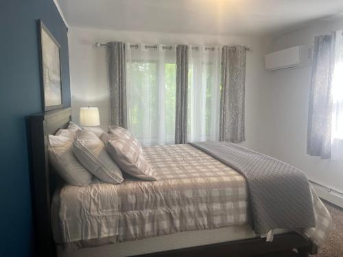 a bedroom with a bed with pillows and a window at Home In Highland Park in Saint Paul