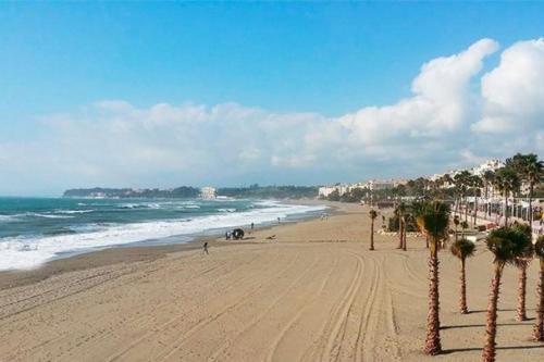 a sandy beach with palm trees and the ocean at Huerta Nueva Suites in Estepona
