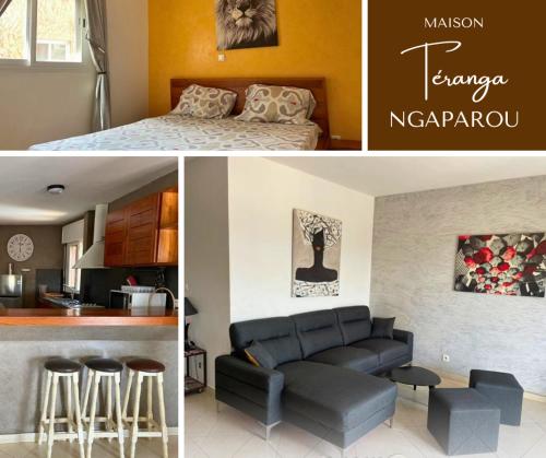 a living room and a bedroom with a couch and a kitchen at Maison Téranga Ngaparou in Ngaparou