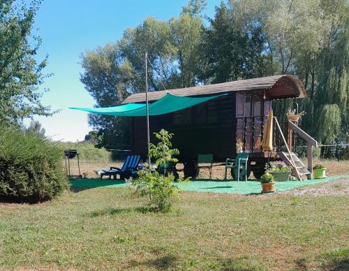 a small cabin with a green awning in a yard at La roulotte au bord de l'étang 